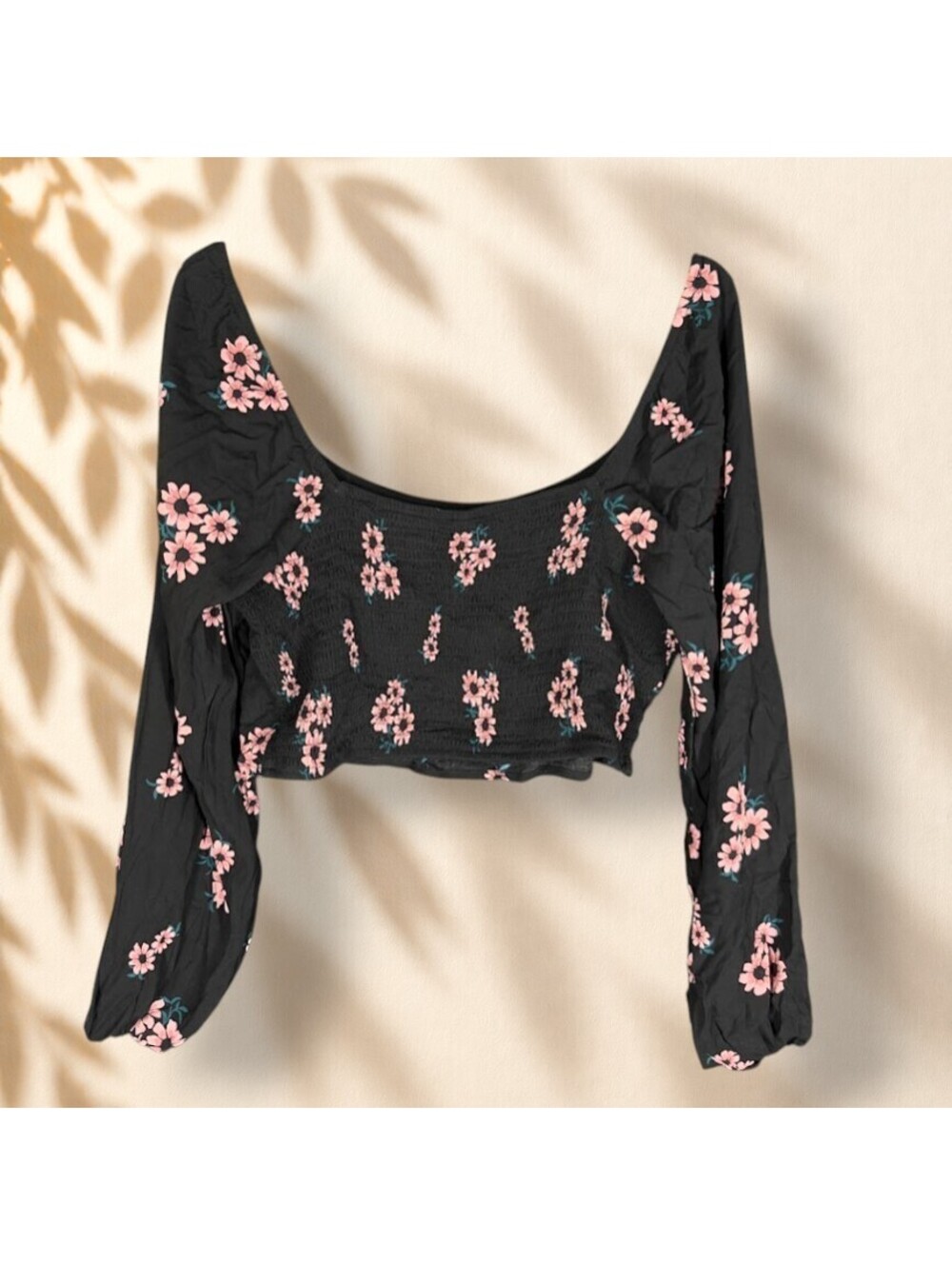 Wild Fable Cropped Top Women XL Black Floral Long Sleeve Lined Rayon Casual - Picture 2 of 7